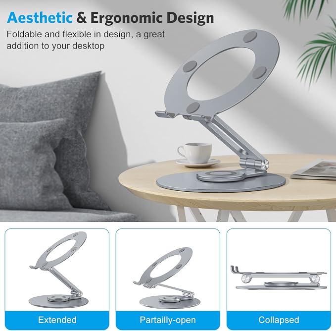 OMOTON Adjustable Laptop Stand with 360 Rotating Base, Ergonomic Laptop Riser for Collaborative Work, Dual Rotary Shaft Fully Foldable for Easy Storage, Fits All Laptops up to 16 inches, CoolGrey