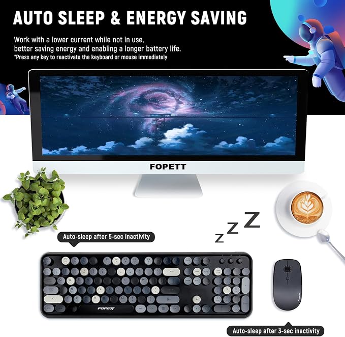 FOPETT Wireless Keyboard and Mouse Combo - 2.4G Full-Sized Cute Colorful Retro Keyboard with Round Keycaps 104 Keys Typewriter Keyboard for Laptop/Windows/PC - Grey Colorful
