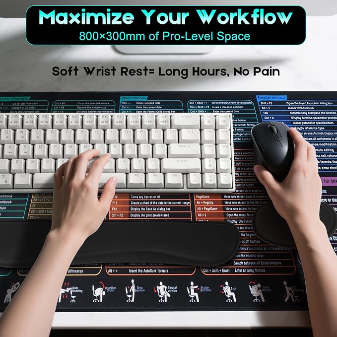 Excel Cheat Sheet Mouse Pad Set | 3-Piece XL Ergonomic Desk Mat with Wrist Rest for Office & Gaming(Black)