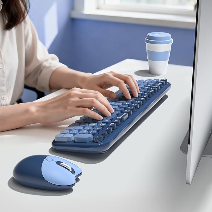 Wireless Keyboard and Mouse Combo, Meidosa 2.4GHz Colorful Full-Size Retro Typewriter Keyboard with Cat Shape 3 Level Adjustable Optical Mouse for PC/Desktop/Laptop/Windows (Azure Blue)