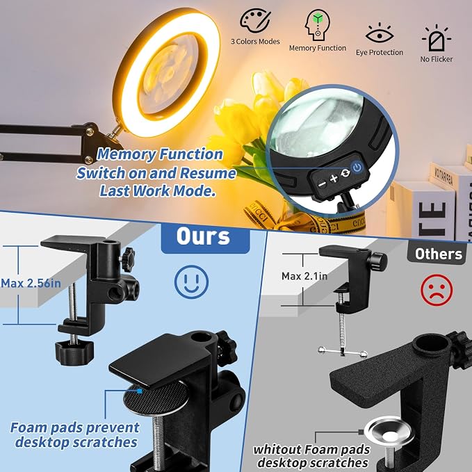 HITTI Ultra Long 12X Magnifying Glass with Light and Clamp, 5 Color Modes Stepless Dimming Desk Lamp, Swivel Arm Workbench Light, Hands Free Lighted Magnifier Stand for Craft Reading Soldering