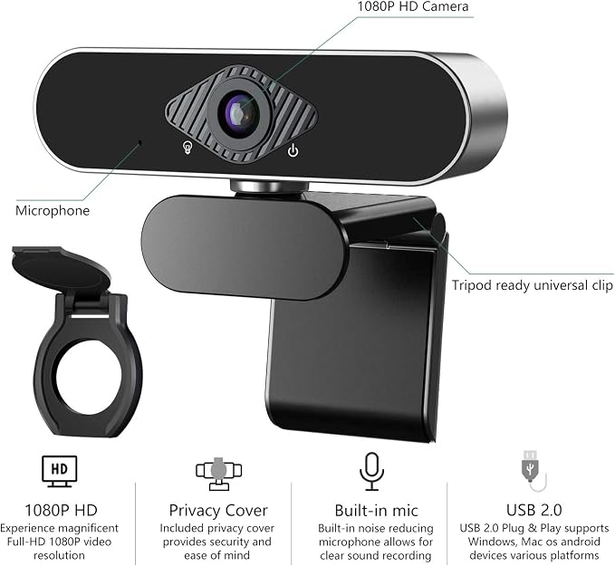 Webcam 1080P HD with Microphone & Privacy Cover, USB Web Cam with Live Streaming HD Video for Mac, PC, Computer and Laptop, Wide Angle Lens 1080P Web Camera with 360 Degree Flexible Mount