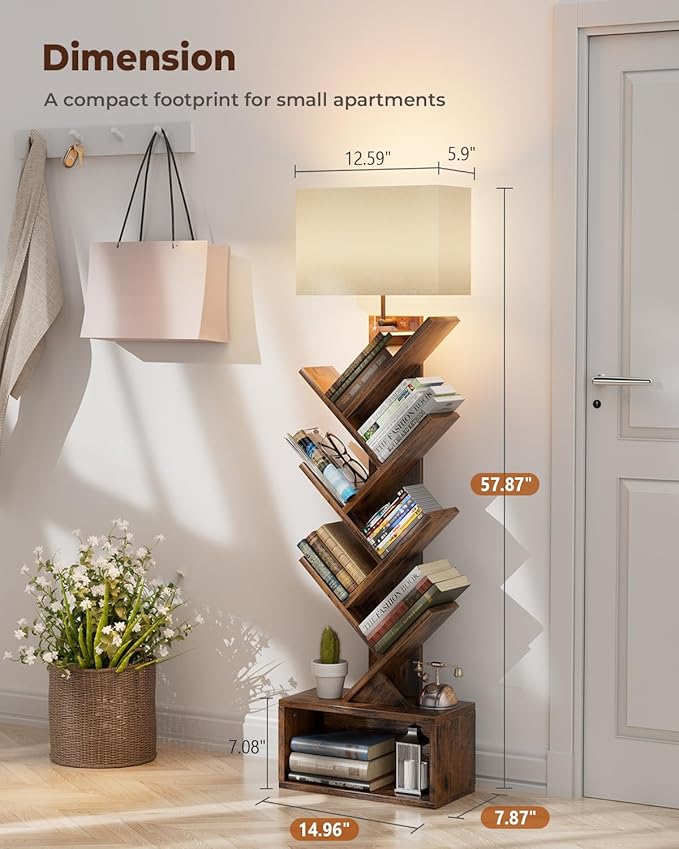 Evermagin 6 Tier Tree Bookshelf with Light, Narrow Bookcase Tower, Tall Floor Standing Book Organizer with Storage Cabinet for Living Room, Bedroom and Home Office, Rustic Brown