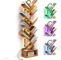 Casaottima Tree Bookshelf with LED Lights, 8-Tier Narrow Bookcase for Small Spaces, Tall Steel & Wood Storage Shelf with Cabinet, Home Decor & Organizer for Living Room/Bedroom/Home Office, Vintage