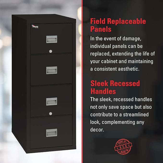 FireKing Patriot Vertical 4 Drawer Legal & Letter Fire Safe File Cabinet, Key Lock, 1 Hour Fire Rated UL Rated & Water Resistant, USA Made, Black