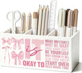 Pink Bow Inspirational Pen Pencil Holder for Desk, Inspirational Gifts for Women, Preppy Girly Motivational Wooden Box Sign Decorations for Girls Bedroom Room Dorm Desk Tabletop