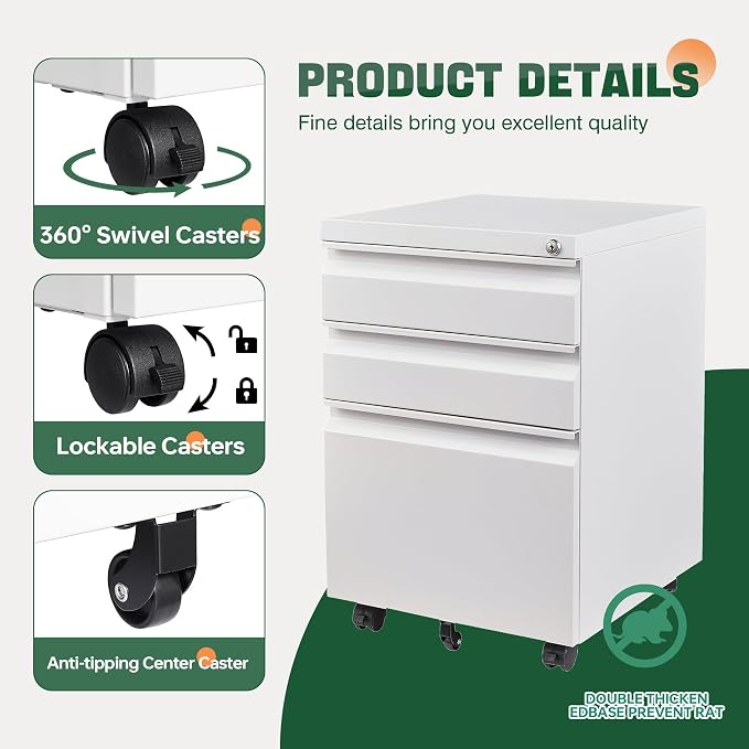 Letaya 3 Drawer Mobile File Cabinet with Lock, Under Desk Metal Filing Cabinets for Home Office Organizer Letters/Legal/A4(Fully Assembled-White)