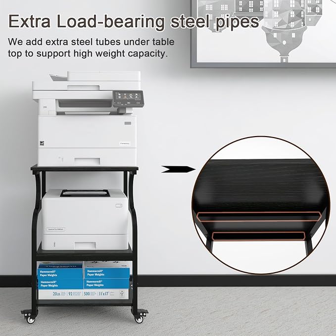 Natwind Large Printer Stand,24''x20''x29''Printer Table with Adjustable Storage Shelf,3 Tier Rolling Printer Cart with Wheels,Home Office Multifunctional Shelves for Heat Press (Black)
