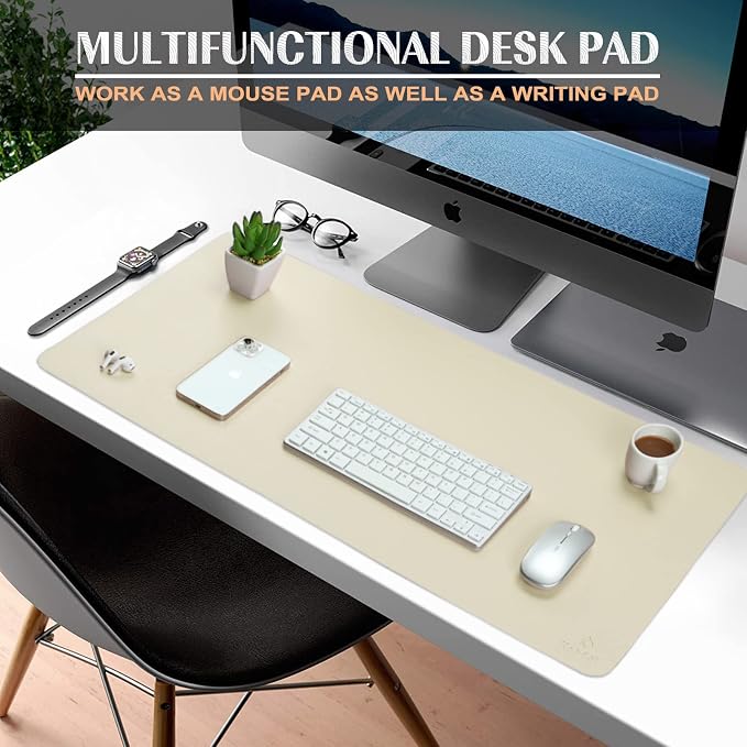 K KNODEL Large Office Leather Desk Mat, Mouse and Keyboard Pad, Computer and Laptop Mat, Desktop Protector and Cover, Writing Pad and Blotter (35.4"x17", Ivory Cream)