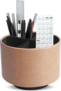 Round Leather Art Supply Organizer,Remote Control Holder,360 Degree Spinning,Multi-Functional Pencil Holder,4 Compartments Desktop Stationary Organizer(1-Oil Yellow)