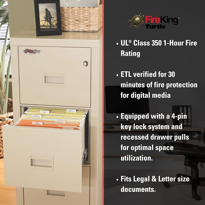 FireKing Turtle Vertical 2 Drawer Legal and Letter Fire Safe File Cabinet with Key Lock, 1 Hour Fire Rated, UL Rated & Water Resistant Home Safe, Filing Cabinet, Made in The USA, Arctic White