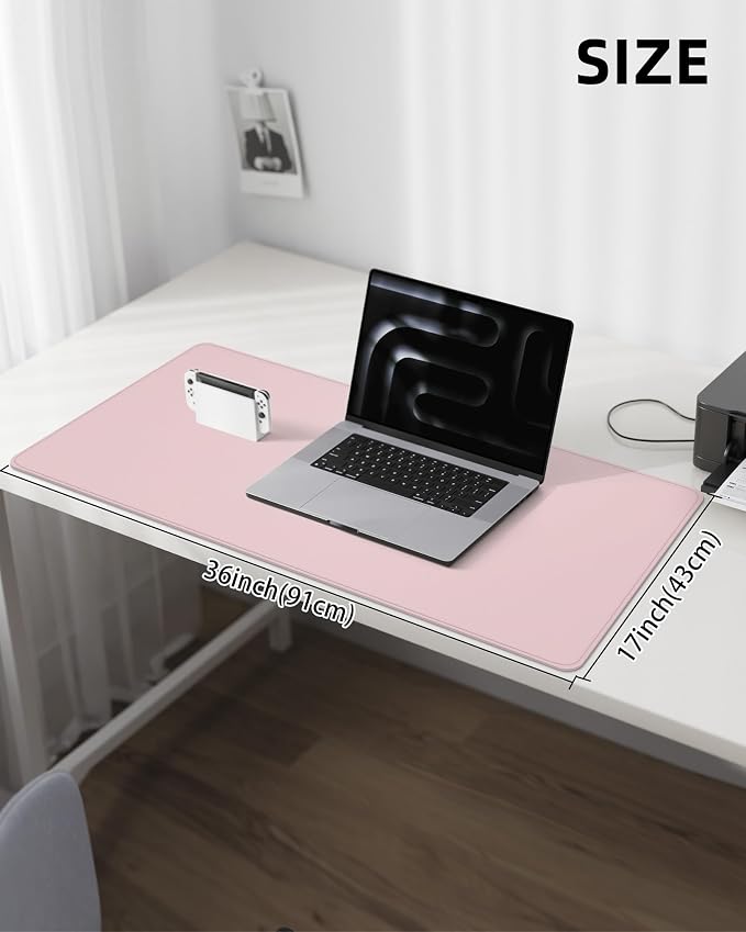 Leather Desk Pad Protector,Desk Mat,Large Mouse Pad, Non-Slip Desk Pad, Waterproof PU Leather Desk Blotter Mat, Desk Cover for Office and Home (Light Pink, 36" x 17")
