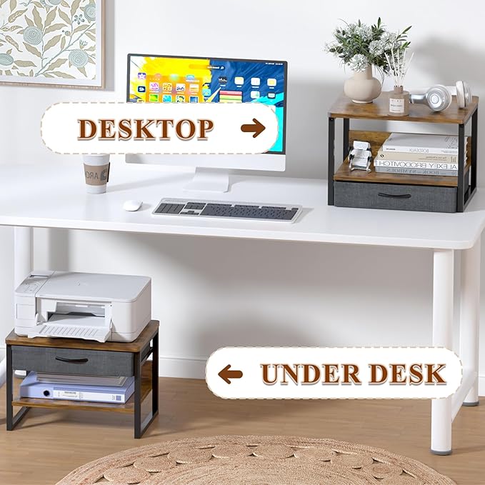 MARTY Printer Stand with Storage Drawer for Desk, 2-Tier Desktop Printer Stand Shelf Organzier for Home Office Printer Riser Under Desk Small Printer Table (Rustic Brown)