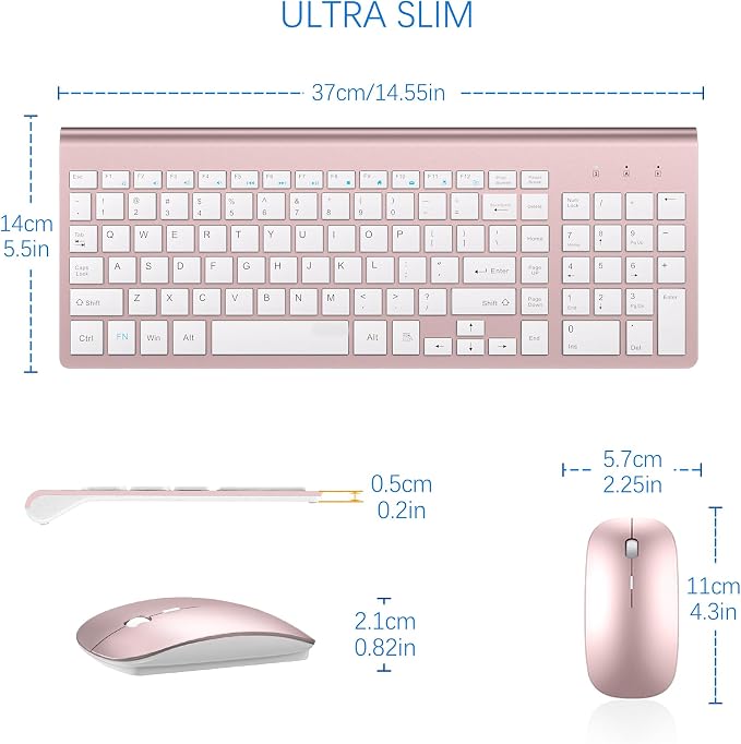 Wireless Keyboard and Mouse Ultra Slim Combo, TopMate 2.4G Silent Compact USB 2400DPI Mouse and Scissor Switch Keyboard Set with Cover, Batteries Included, for PC/Laptop/Windows/Mac - Rose Gold White