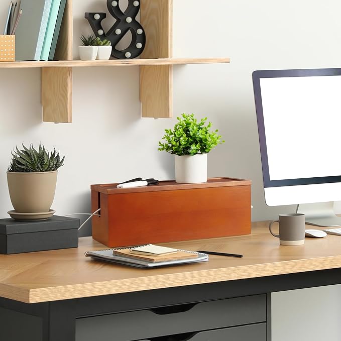 Large Cable Management Box, Wooden Cord Organizer Box for Desk, Floor, Office to Hide Extension Cords Power Stripes Surge Protectors Chargers Wires, Red Brown