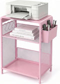 ECOLOVI 3 Tier Printer Stand for Under Desk, Height Adjustable Shelf Small Printer Table with 3 S-Hooks & Basket, Heavy Duty Industrial Storage Shelf for Home Office (Pink Metal)