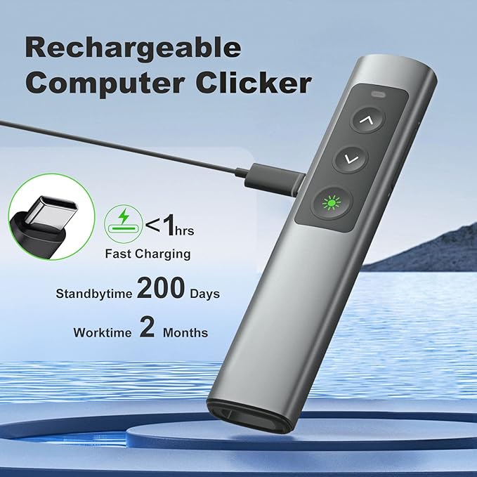 Rechargeable Green Laser Pointer Presentation Clicker for Laptop PowerPoint, USB-A USB-C Wireless Presenter Remote Power Point Clicker for Computer/Mac/PPT/Slideshow/Google Slide Advancer