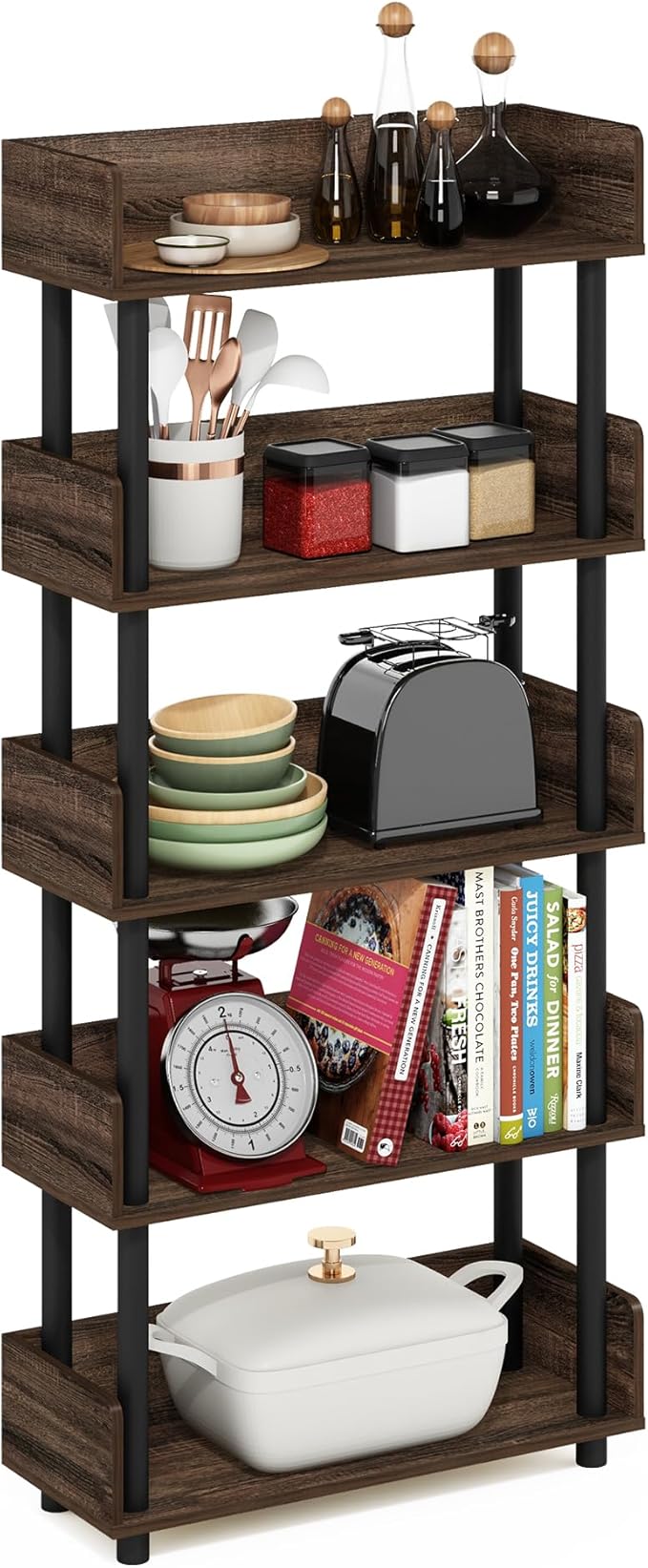 Furinno Turn-N-Tube 5-Tier Toolless Freestanding Multipurposes Display Rack, Walnut