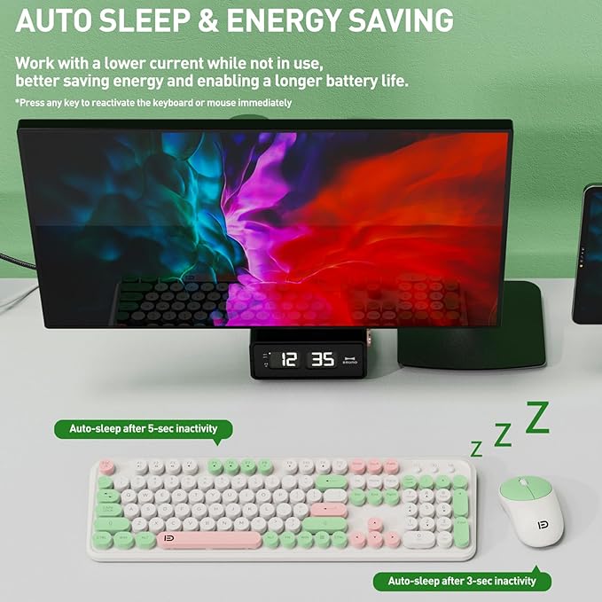 FOPETT 2.4GHz Wireless Keyboard and Mouse Set with Switch Button - Full-Size Keyboard - Compatible for Windows/Laptop/PC/Notebook/Smart TV and More - White Green