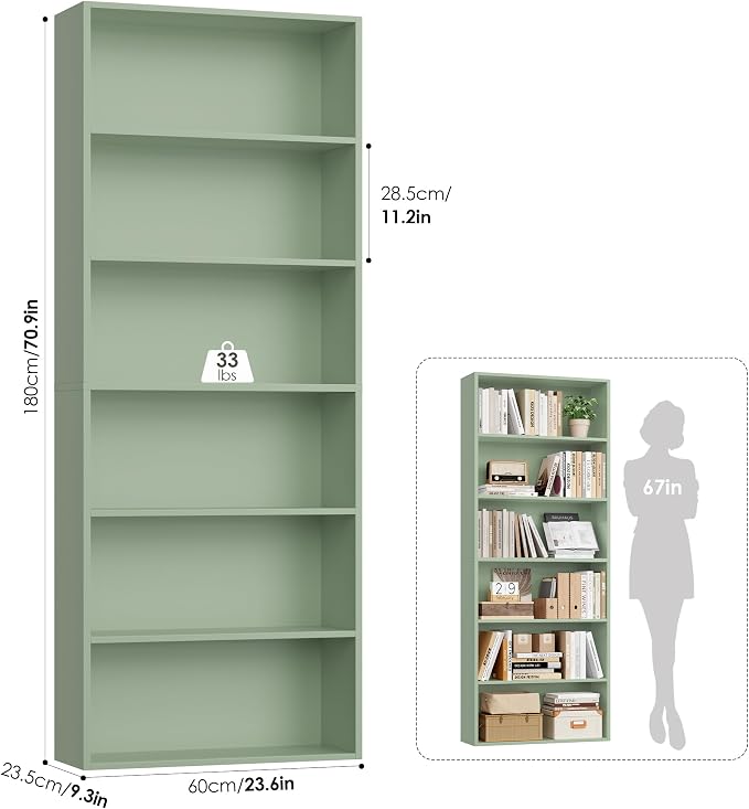 FOTOSOK 6-Tier Open Bookcase and Bookshelf, Freestanding Display Storage Shelves Tall Bookcase for Bedroom, Living Room and Office, Green