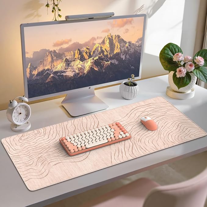 iCasso Big Mouse Pad,Aesthetic Desk Cover Mat for Desktop,Anti-Slip Computer Mat with Stitched Edges,Cute Beige Keyboard Mat for Women,Extended Long Desk Protector for Office Home Dorm