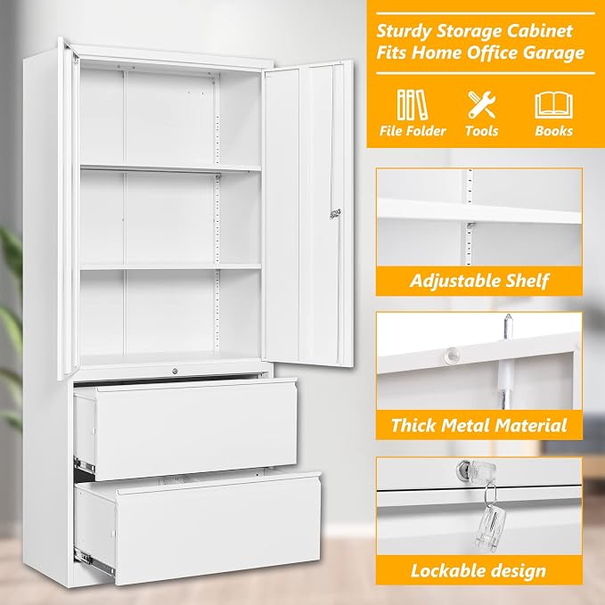 STANI 2 Drawer Lateral File Cabinet, Metal Storage with Drawers, Locking File Cabinet with Shelves, Metal Storage Cabinets for Letter/Legal/F4/A4 Size Files