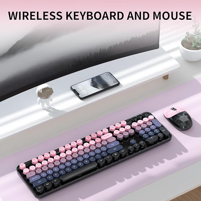Wireless Keyboard and Mouse, MOFII 104 Round Keycaps Retro Typewriter with OTG & Brush, Full-Size Ergonomic, Ideal for Windows PC, Home, Office and College Peach Pink
