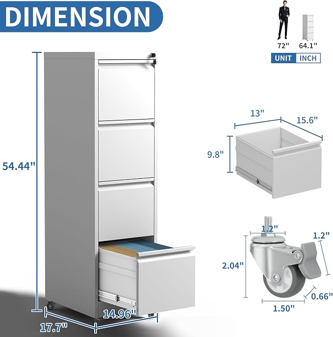 4 Drawer File Cabinet, Metal Vertical Filing Cabinets for Home Office, Steel Storage Cabinet for Hanging Legal/Letter Size Files, Assembly Required (White)