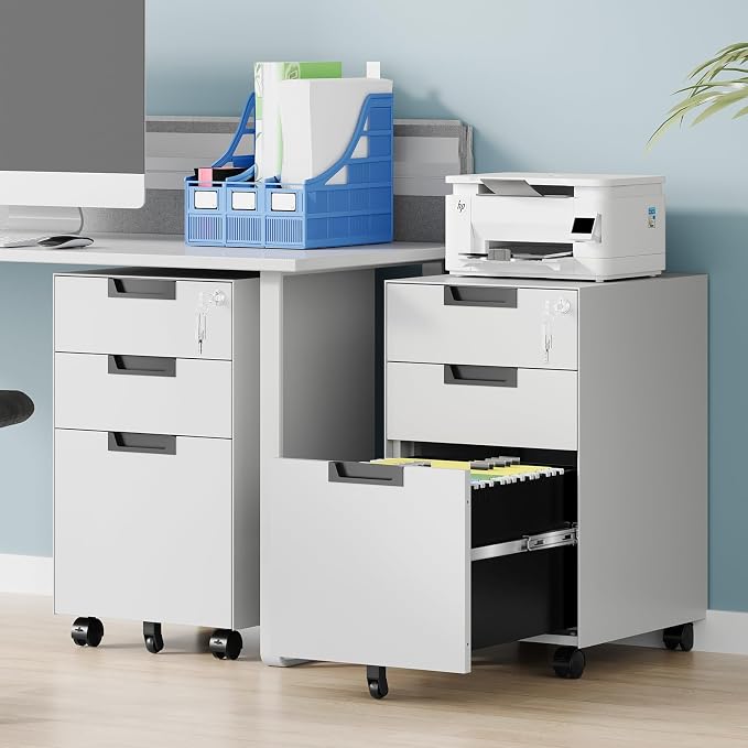 3 Drawer File Cabinet with Lock, Fully Assembled Metal Mobile Filing Cabinets for Home Office, Small Rolling File Caninet on Wheels for Legal/Letter / A4 File, White