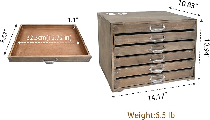 Vintage Wooden Desk Organizer Cabinet with 6 Drawers - Rustic Farmhouse Distressed Decor - Home Office Desktop Storage Box for Jewelry, Craft Paper, Small Tool & More (Log Color)