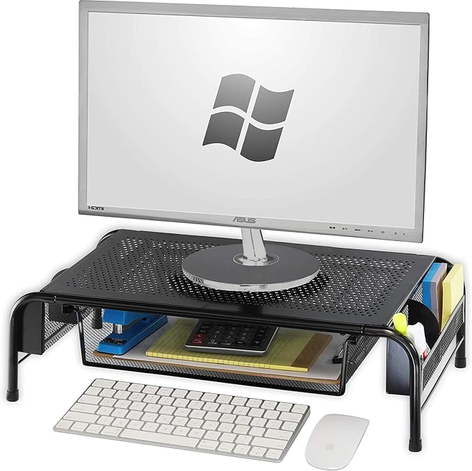 Simple Houseware Metal Desk Monitor Stand Riser with Organizer Drawer, Black