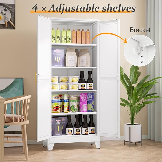 White Pantry Storage Cabinet,71" Kitchen Pantry with Doors and 4 Adjustable Shelves, Metal Storage Cabinet, for Office, Home, Garage, School