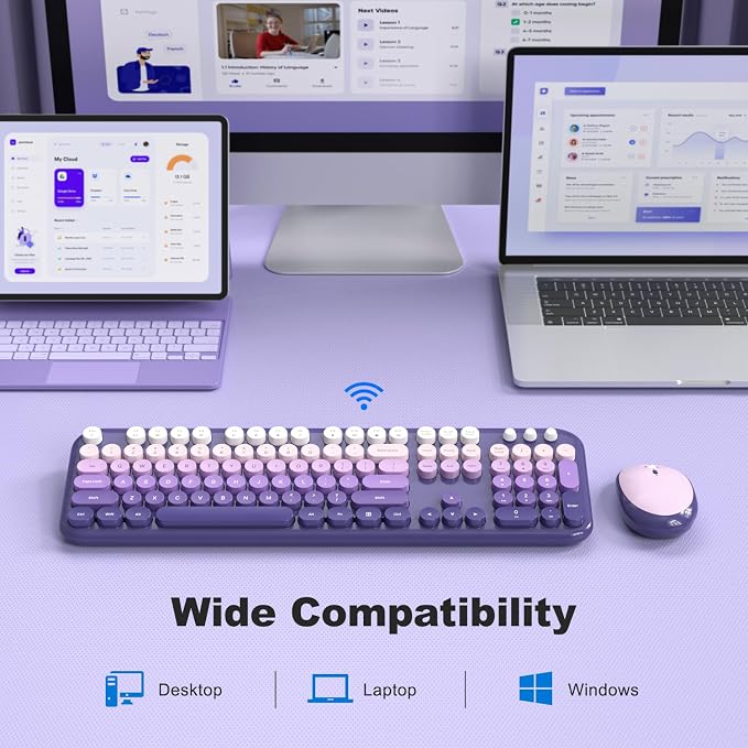 KNOWSQT Wireless Keyboard Mouse Combo - Lovely Purple-Gradient Rainbow Full-Sized Typewriter Colorful Keyboards, Round Keycap Plug Play Retro Cute Keyboards for Windows, Laptop, PC, Desktop, Computer