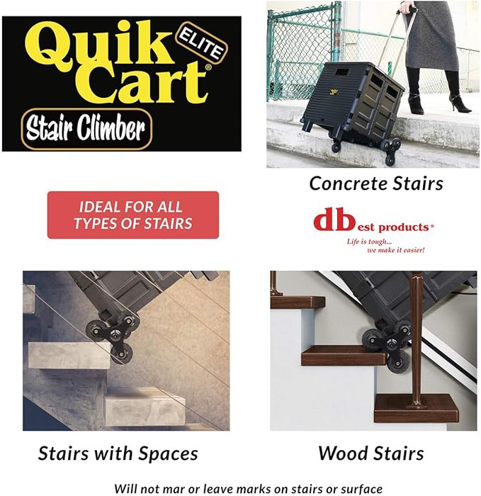 dbest products Quik Cart Elite Stair Climber Wheeled Rolling Crate Teacher Utility With seat Heavy Duty Collapsible Basket With Handle, Black