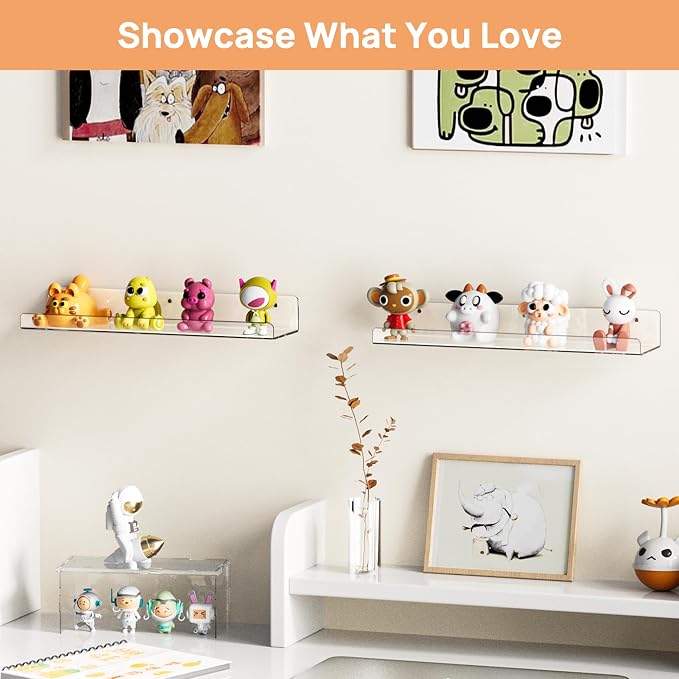 upsimples Acrylic Shelves for Bathroom Storage, 15" Floating Shelves Wall Organizer for Perfume, Make up, Skincare, Kids Bookshelf for Bedroom, Nursery, Living Room Decor, Clear, 2 Pack