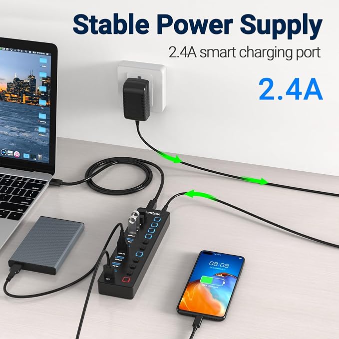 Powered USB Hub, 11-Port USB 3.0 Hub Splitter - 10 USB 3.0 Data Transfer Ports + 1 Smart Charging Port, USB Hub 3.0 Powered with Individual LED On/Off Switches and 5V/4A Power Adapter