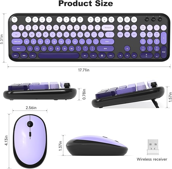 MOFII Wireless Keyboard and Mouse Combo, Full Size 2.4G Retro Round Computer Keyboard and Mouse Set, Plug and Play, for Windows, Computer, Desktop, PC, Notebook - (Black Purple Gradient)