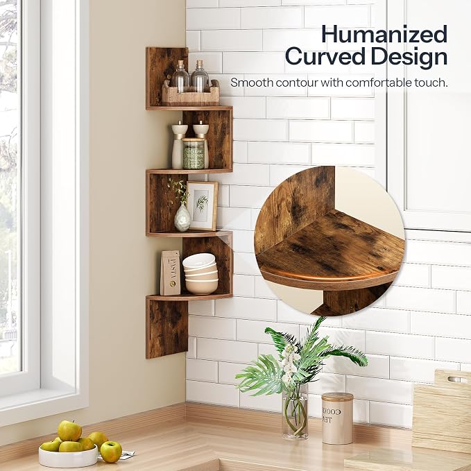 HOOBRO Corner Shelf Wall-Mounted, Set of 2 Floating Corner Shelves for Wall, 4-Tier Corner Bookshelves for Living Room, Bedroom, Bathroom, Home Office, Rustic Brown BF25BJP201