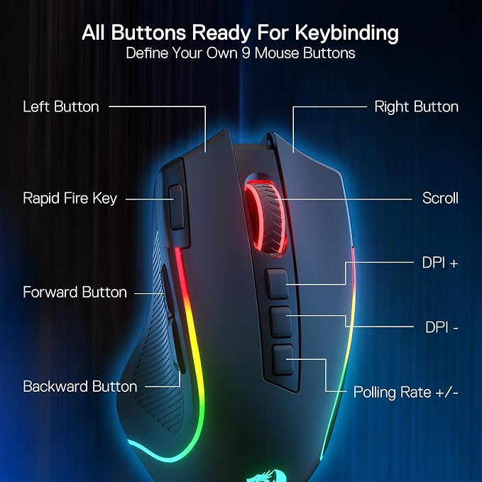 Redragon M612 PRO RGB Gaming Mouse, 8000 DPI Wired/Wireless Optical Mouse with 9 Programmable Buttons & 7 Backlit Modes, BT & 2.4G Wireless, Software Supports DIY Keybinds Rapid Fire Button