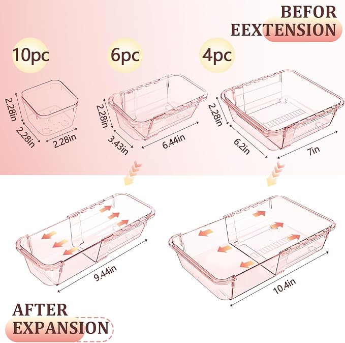 20 Pcs Adjustable Clear Drawer Organizer, Extendable Vanity Storage Bins, Desk Drawer Organizer Set for Makeup, Cosmetics, Bedroom, and Gadgets, Pink