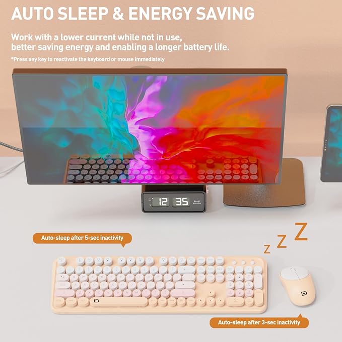 Wireless Keyboards Mouse Combos, Colorful Cute Typewriter Full-Size Retro Round Keycaps, 2.4GHz Cordless Sleep Mode Office Quiet Wireless Keyboard and Mouse Set for Desktop Laptop PC Computer