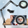 HITTI Ultra Long 12X Magnifying Glass with Light and Clamp, 5 Color Modes Stepless Dimming Desk Lamp, Swivel Arm Workbench Light, Hands Free Lighted Magnifier Stand for Craft Reading Soldering