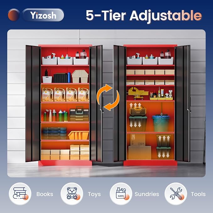 Yizosh Metal Garage Storage Cabinet with 2 Doors and 5 Adjustable Shelves - 71" Steel Lockable File Cabinet,Locking Tool Cabinets for Office,Home,Garage,Gym,School (Red Black)