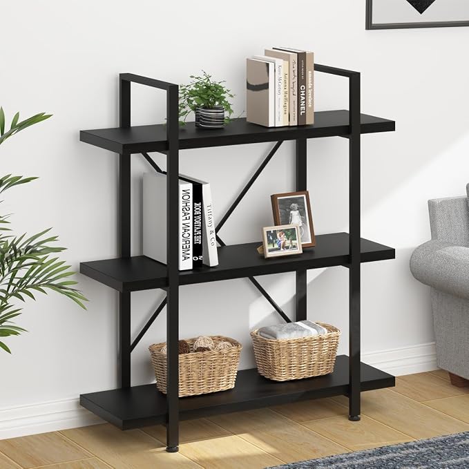 HSH 3 Tier Black Bookshelf, Industrial Small Metal Wooden Storage Book Shelves, Modern Open Low 3 Shelf Bookcase and Display Etagere, Vertical Book Shelf for Bedroom Living Room Office, Black Oak