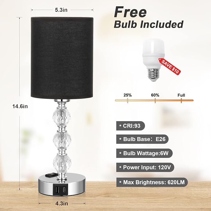 Black Touch Bedside Lamps for Bedrooms - Crystal Table Lamp with USB C+A Charging Port and AC Outlet Nightstand, 3 Way Dimmable Silver Small End Side Table Lamp for Living/Guest/Dinning Room/Kitchen