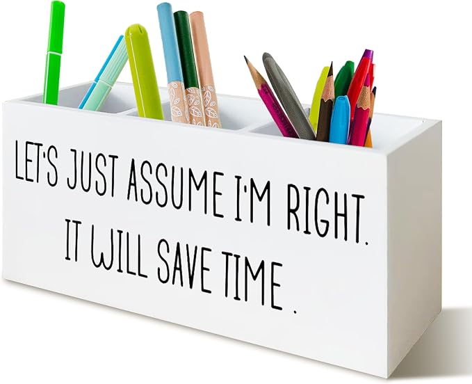 Boss's Day Gifts, Funny Desk Pen Holder Boss Gifts for Women, Let's Just Assume I'm Right Wooden Pen Pencil Holder Organizer for Office Desk Accessories