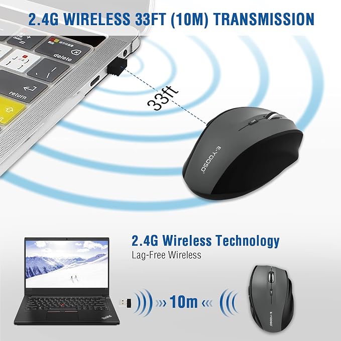 E-YOOSO Wireless Mouse for Laptop, Portable Optical Computer Mouse, 6 Buttons, Cordless 2.4GHz with USB Receiver, 5-Level 4800 DPI, 18 Months Battery Life for PC Chromebook Windows Mac