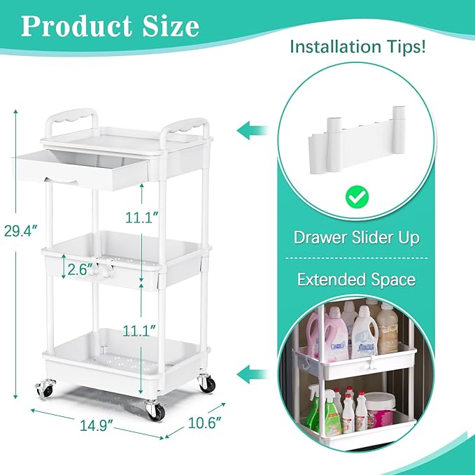 SUNALLY 3 Tier Rolling Cart with Drawer, Bathroom Storage Organizer with 2 Lockable Wheels, Multifunctional Rolling Storage Cart for Bathroom, Kitchen, Office, Craft, Makeup, Baby Essentials, White