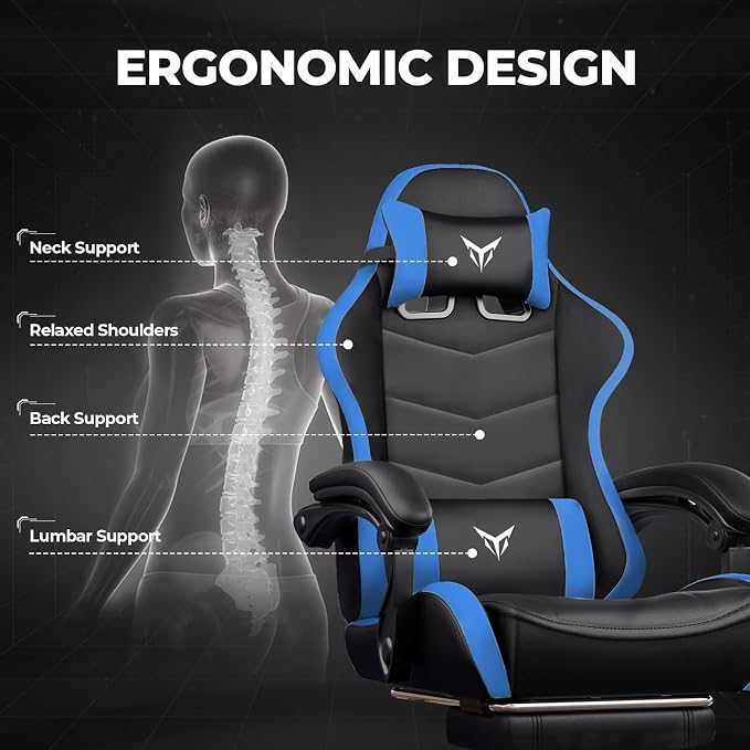 GTPLAYER Gaming Chair High Back Computer Chairs with Foot Rest for Adults, Ergonomic Height Adjustable Recliner Chair 300lbs with Linkage Armrest and Lumbar Support for Home Office, Blue