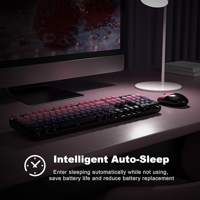 Wireless Keyboard and Mouse Combo, MOWUX Full Size Typewriter Retro Round Computer Keyboard, Cute Optical Mouse Wireless, Plug and Play, for Laptop, PC, Computer- Plum Pink Gradient